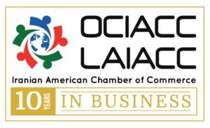 Logo for Iranian American Chamber of Commerce featuring OCIACC and LAIACC with a circular multicolor emblem and a 10 Years in Business badge.