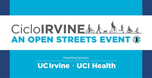 Banner for Ciclo Irvine Open Streets Event with cyclist silhouettes and UC Irvine/UCI Health sponsors.