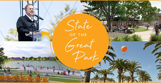 Collage promoting the State of the Great Park: speaker at podium amid park scenes with a lake and palms.
