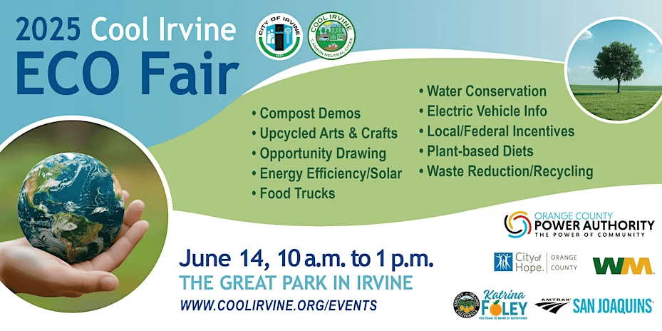 2025 Cool Irvine ECO Fair poster featuring earth-in-hand image, event details, activities list, and sponsor logos.