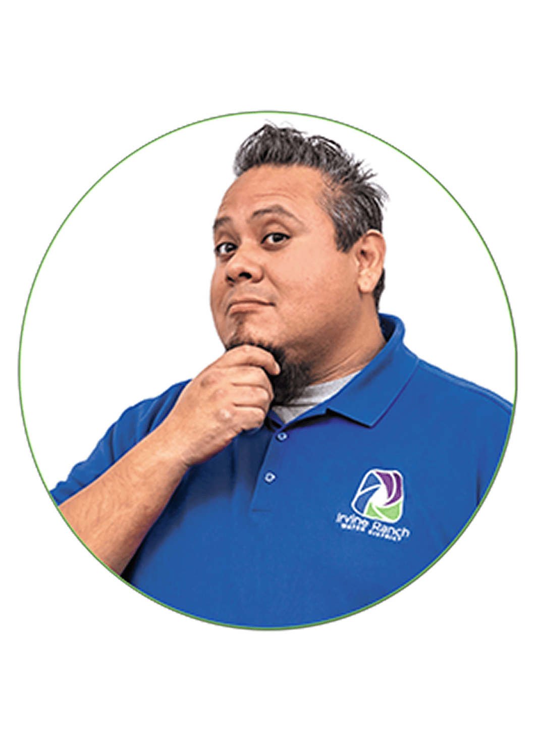 Man with short gray hair and goatee in a blue polo shirt, hand on chin, thoughtful expression.