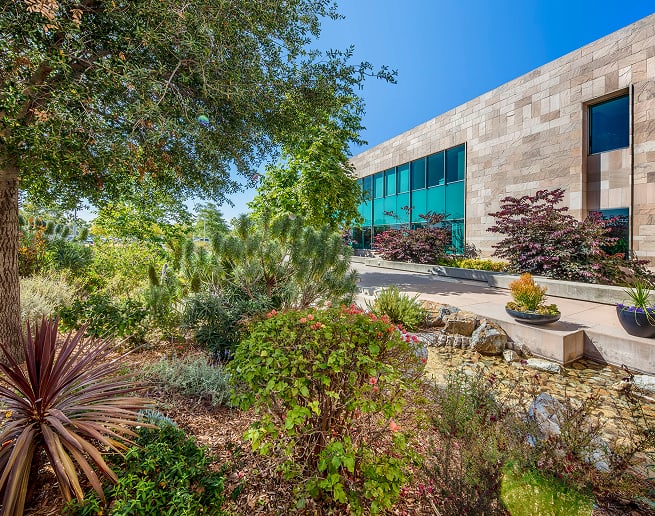Modern office building with glass facade beside a lush landscaped garden and stone walkway.