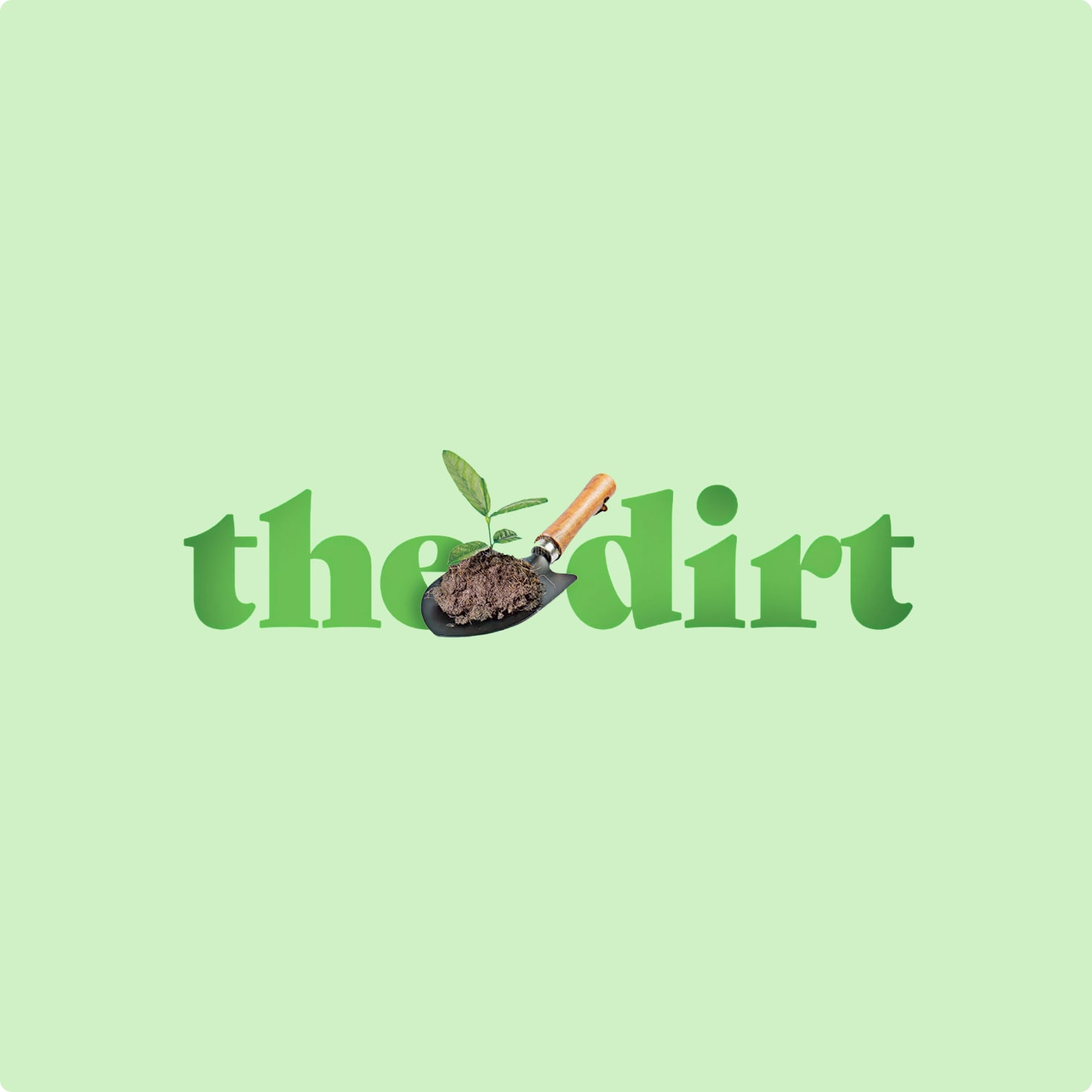 Logo for 'the dirt' showing green text with a shovel and sprouting plant against a pale green background.
