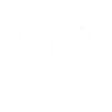 Logo illustration of a modern building with GREAT PARK and cursive ice on a green background.
