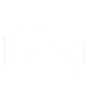 Hoag logo featuring a white curved ribbon above the hoag wordmark on a green background.