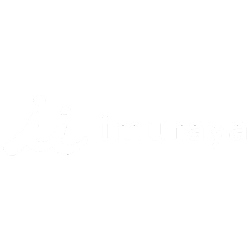 White abstract icon with the word imuraya on a dark green background.