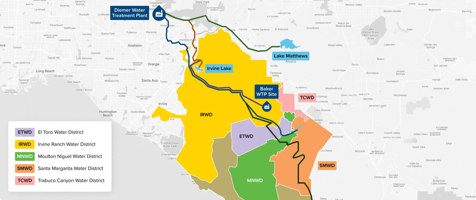 Color-coded map of Orange County water districts with treatment sites and lakes labeled.
