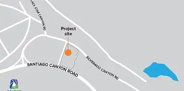 Map showing the project site along Santiago Canyon Road near Silverado Canyon Road, marked by an orange dot.