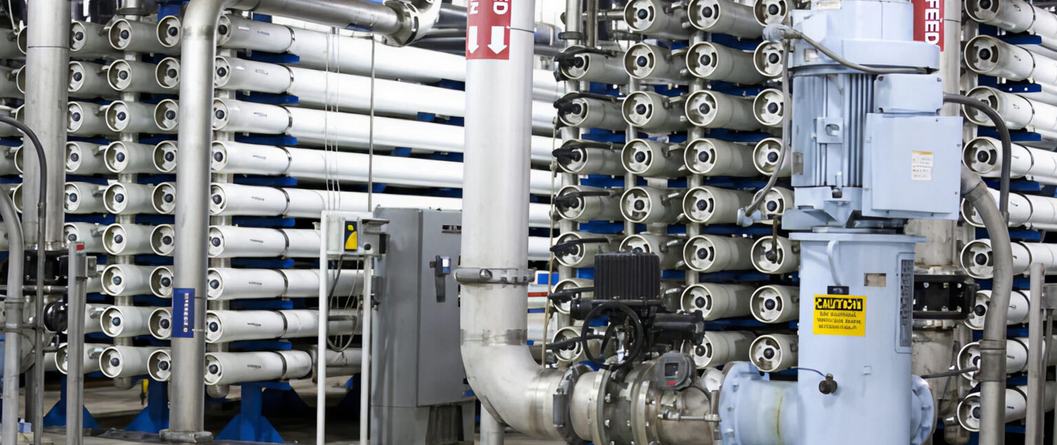 Industrial RO water treatment plant with stacked membrane modules and blue pumps
