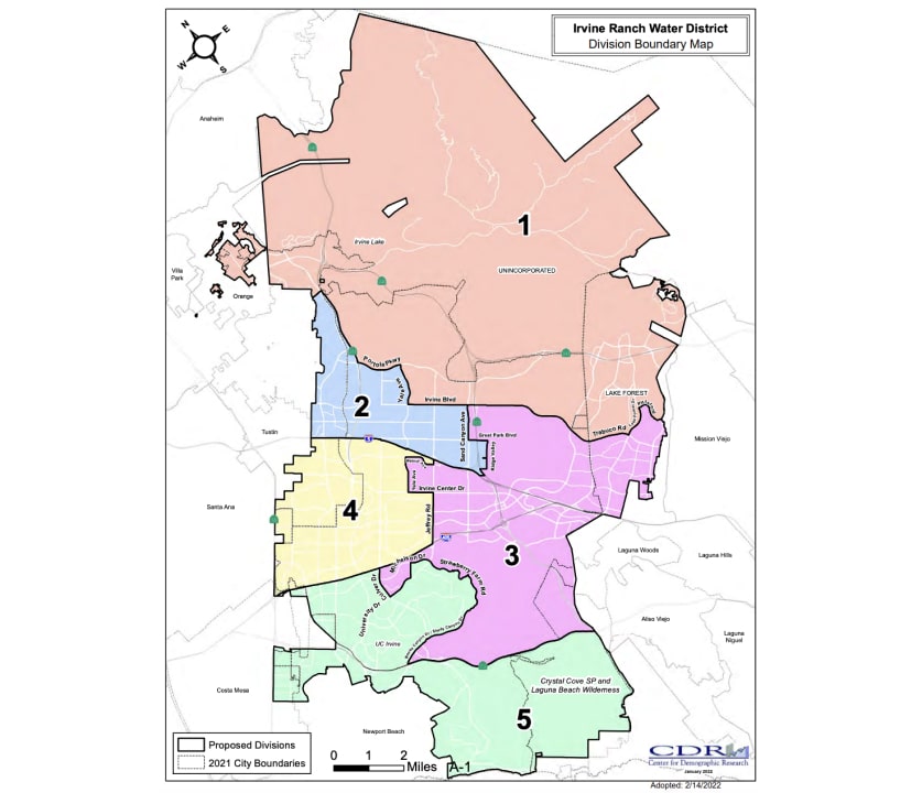 Irvine Ranch Water District division boundary map with five color-coded zones labeled 1–5 and city boundary outlines.