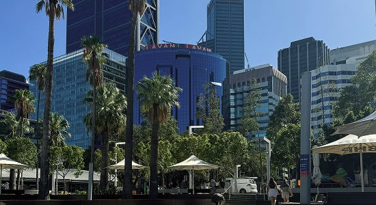 Urban plaza with palm trees, modern glass skyscrapers, and outdoor seating under white umbrellas.