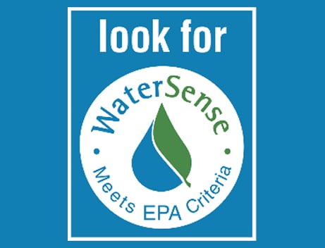WaterSense logo on blue background: white circle with blue droplet and green leaf, 'look for' text above.