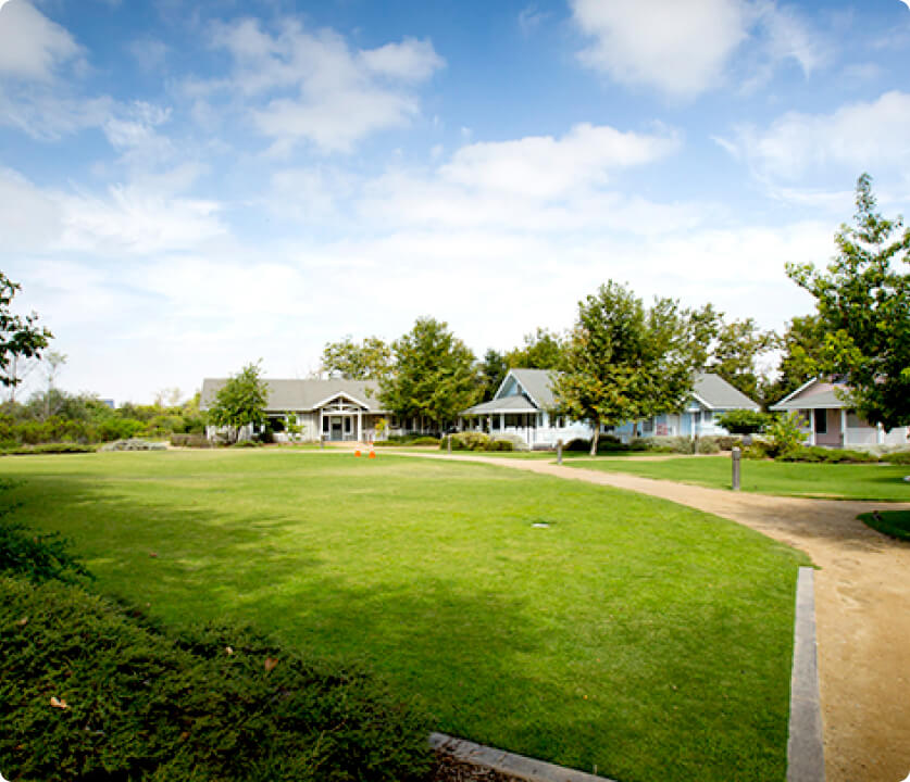 Suburban park with green lawn, winding path, and a row of small houses under a blue sky.