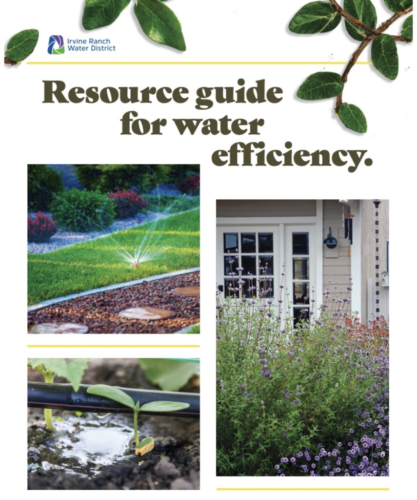Resource guide for water efficiency cover showing irrigation sprinkler, garden plants, and seedlings.