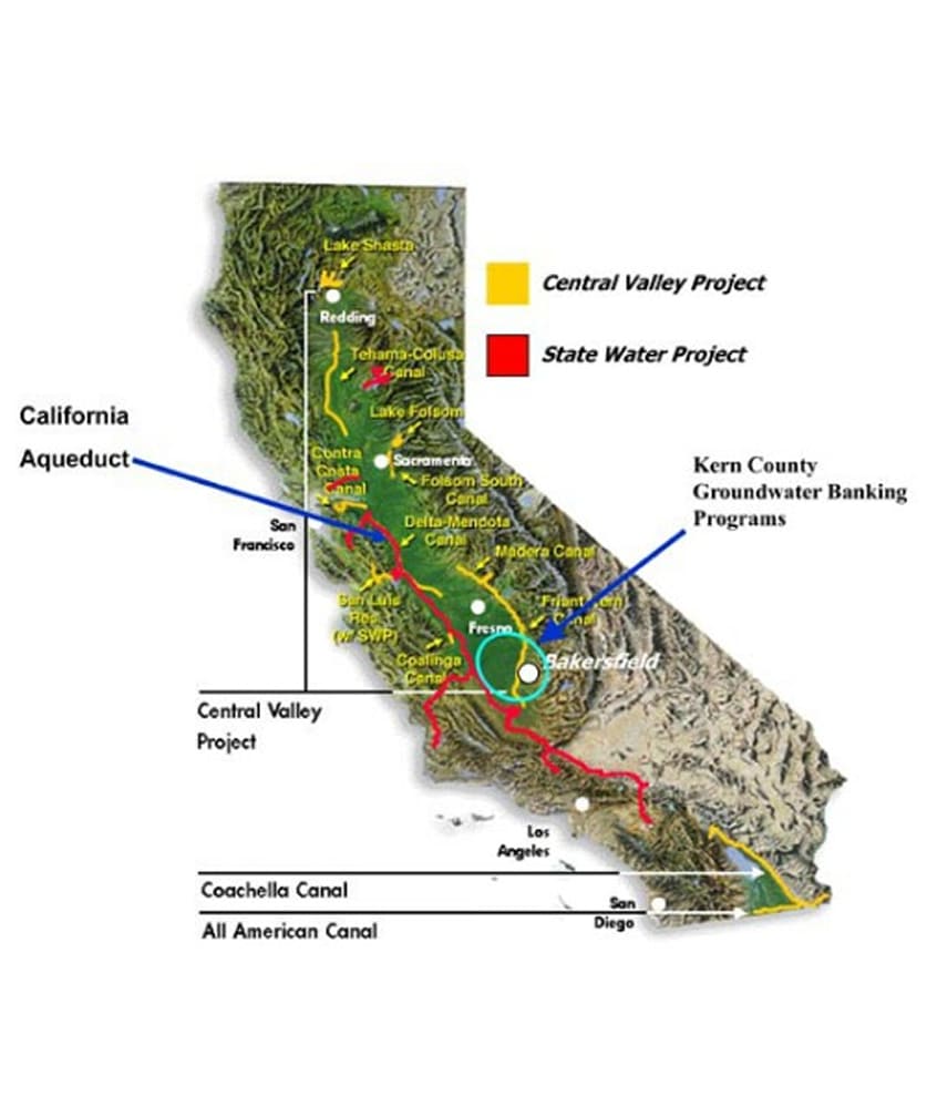 Map of California showing Central Valley Project and State Water Project with color-coded lines and major canals.