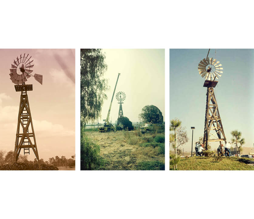 Three-panel photograph of a wooden windmill tower in a rural landscape.