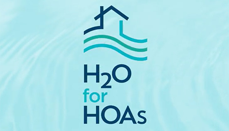 Logo showing a roof icon above teal waves and the text H2O for HOAs on a light blue background.