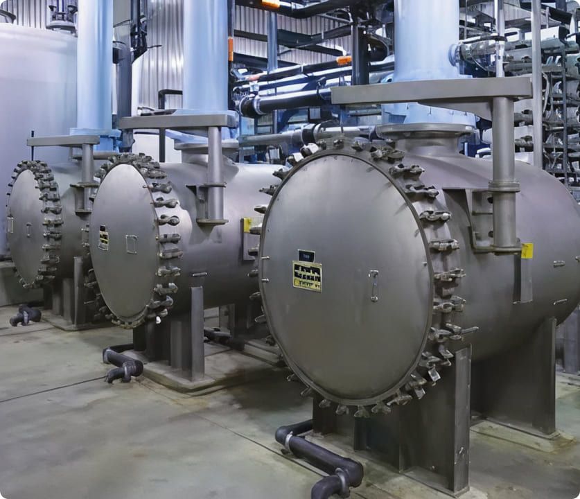 Industrial stainless steel pressure vessels with bolted doors and connected piping in a plant.