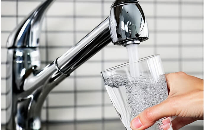 Water flows from a chrome faucet into a clear glass held by a hand