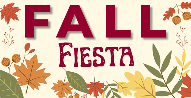 Poster for a Fall Fiesta with bold burgundy letters and scattered autumn leaves.