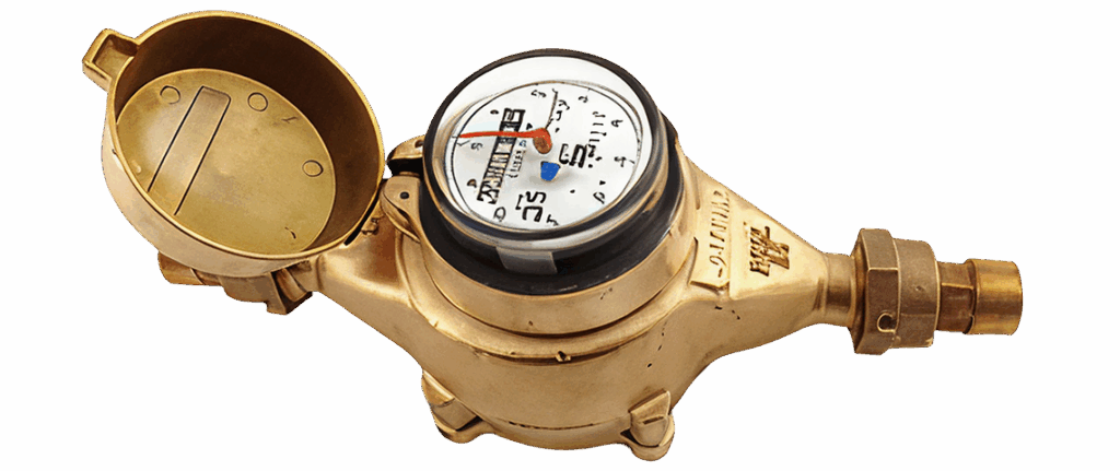 Brass water meter with open lid showing the dial and numeric readings