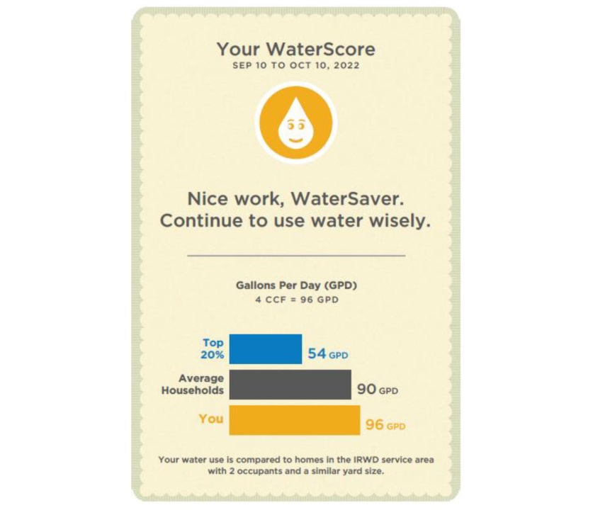 WaterScore report comparing your water use (96 GPD) to top 20% (54 GPD) and average households (90 GPD).