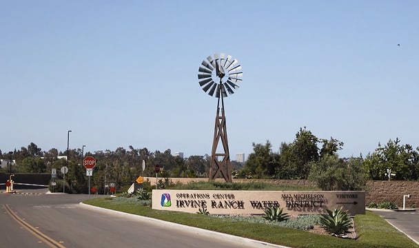 Windmill on a lattice tower at the Irvine Ranch Water District entrance.