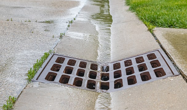 Stormwater drain grate on a wet sidewalk with grass growing in cracks