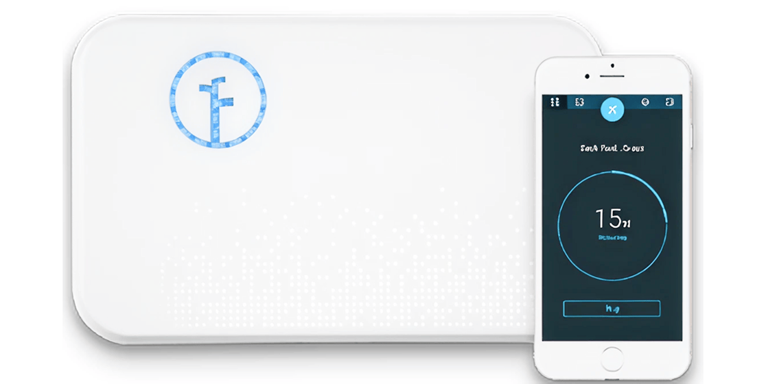 White rounded smart device with a blue circular logo beside a smartphone displaying a circular timer app.