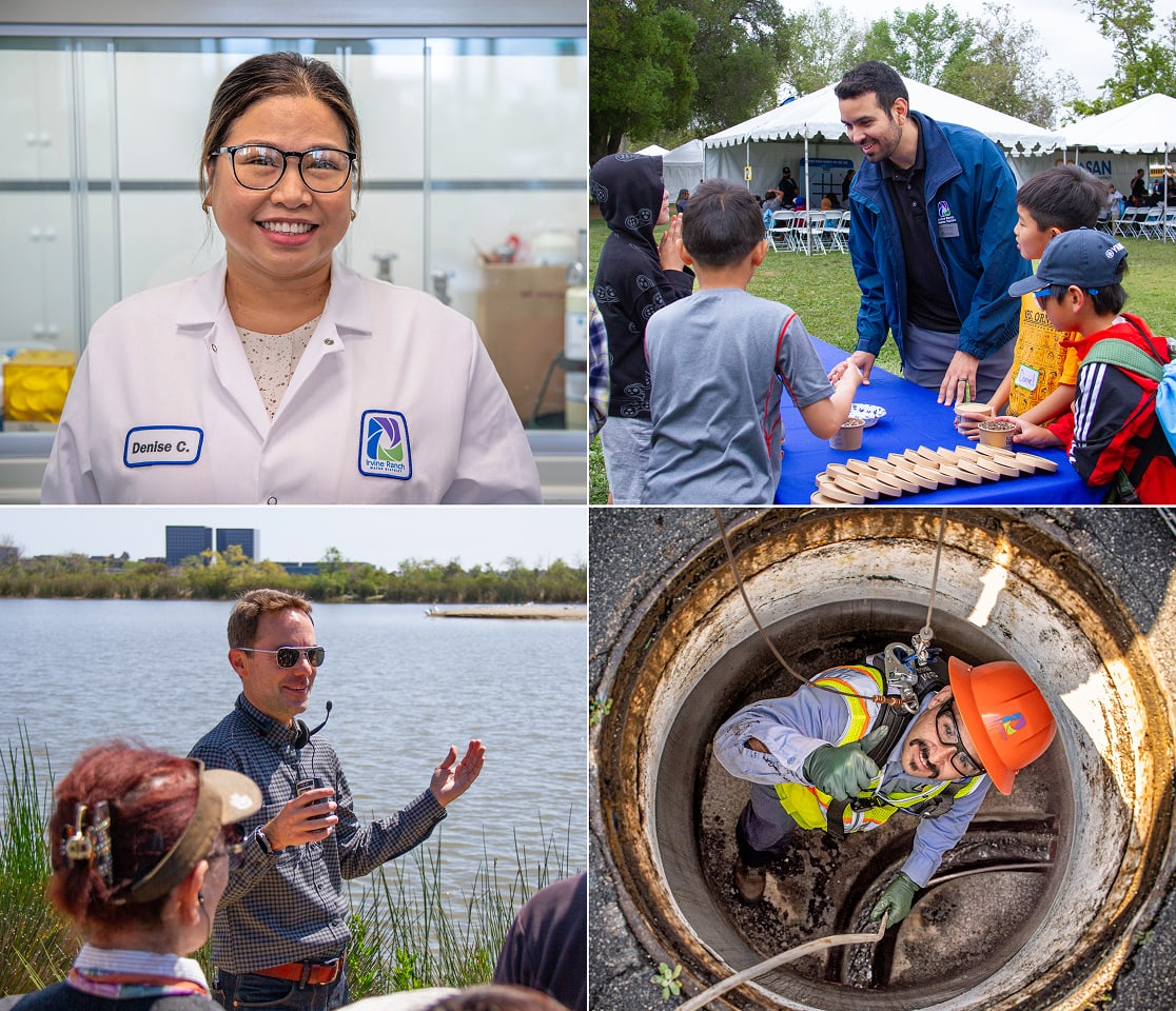 Collage of four scenes: a scientist in a lab coat, outdoor science outreach with kids, a man by a lake, and a worker entering a manhole.
