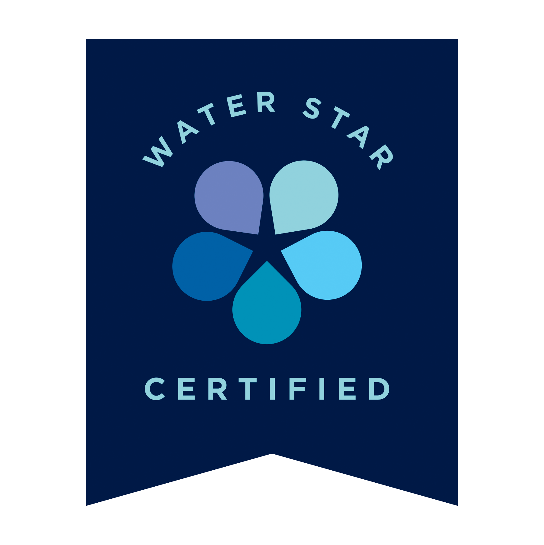 Water Star Certified badge with a five-petal gradient flower on a dark navy banner.