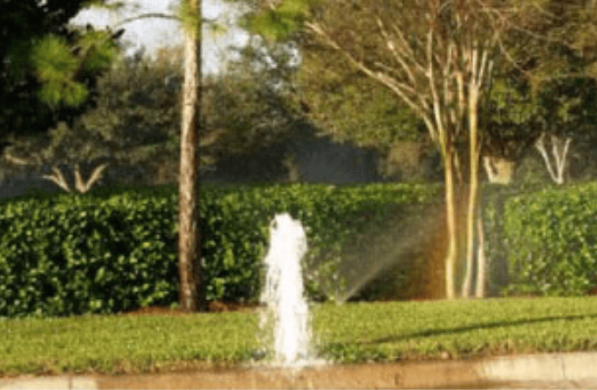 Sprinkler fountain in a park with green lawn, hedges, and trees.