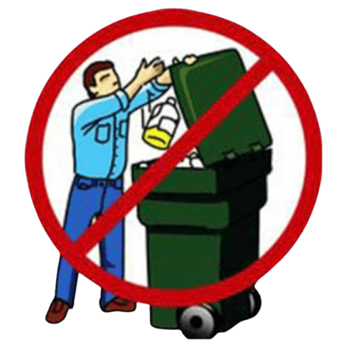 Person attempting to dispose items into a dumpster with a red no-dumping sign over it
