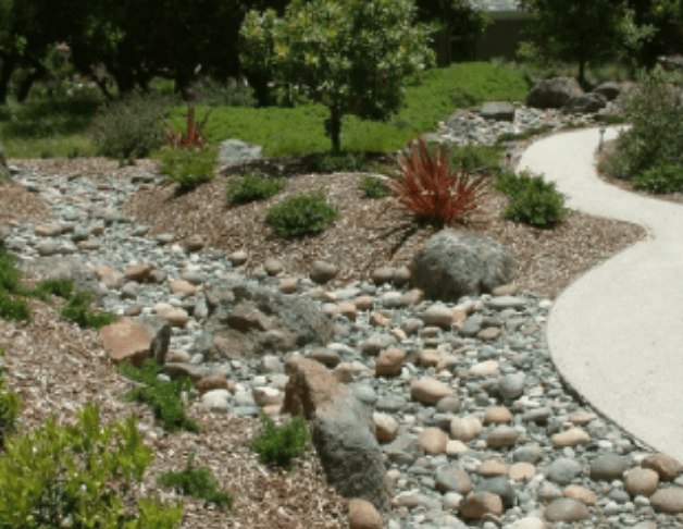 Rock garden with a dry riverbed of pebbles, boulders, and a curved concrete path among shrubs.