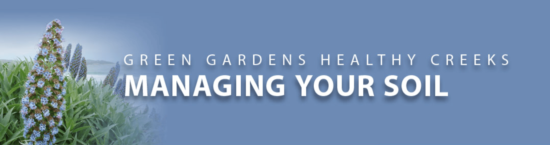Banner showing Green Gardens Healthy Creeks with 'MANAGING YOUR SOIL' text and a tall flowering plant on the left.
