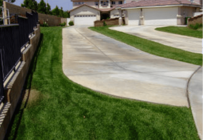 Curve concrete driveway leading to a two-car garage in a suburban yard with green lawn and fence on the left.