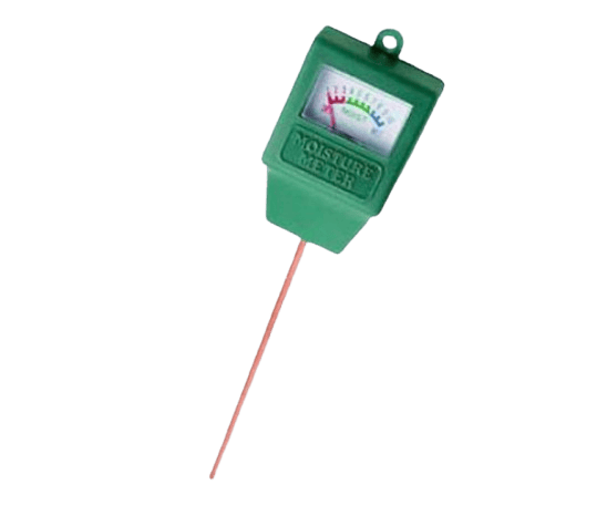 Green handheld moisture meter with a long pink probe and dial gauge for measuring soil moisture.