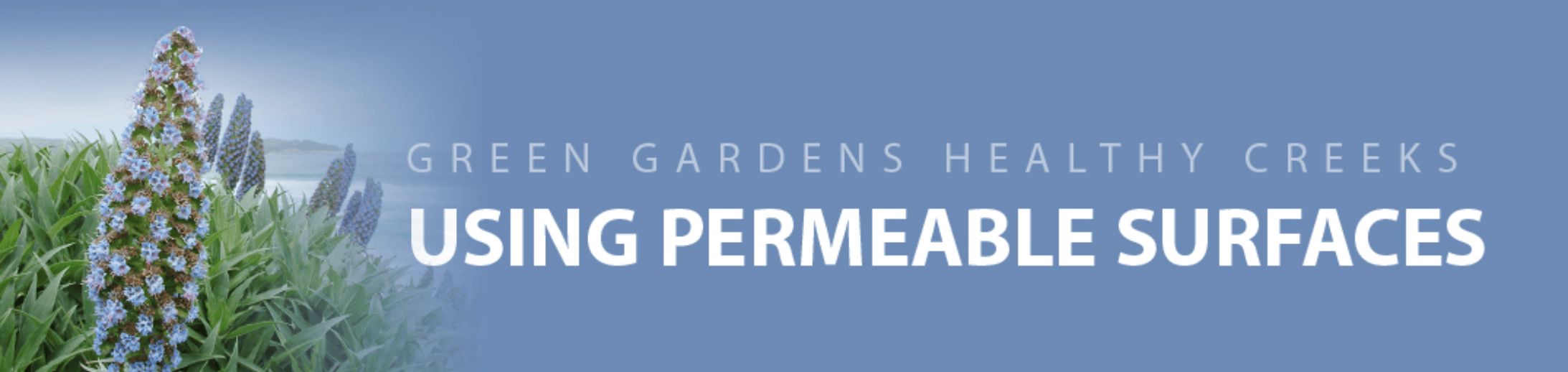 Banner with lush green plants on left and bold text USING PERMEABLE SURFACES on a blue background.