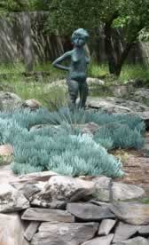 Bronze statue of a young boy standing with hands on hips in a rocky garden among blue-green succulents.
