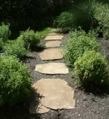 Stone stepping-stone path winding through a landscaped garden with green shrubs and mulch.