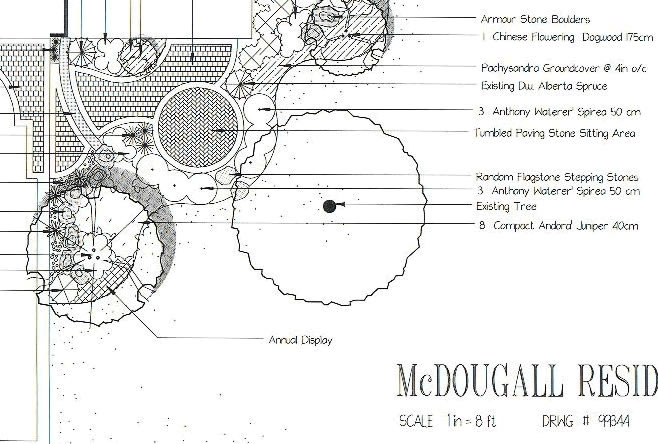 Landscape architectural plan for a residential courtyard with a circular seating area, paving, trees, and plantings.