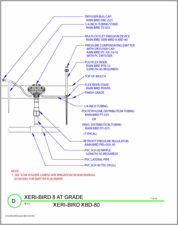 Technical diagram of a Rain Bird Xeri-Bird 8 AT GRADE irrigation emitter assembly with labeled components and tubing.