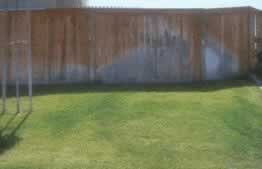 Lawn in front of a weathered wooden fence with a pale patch and metal posts on the left.