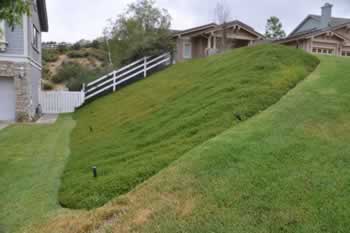 Sloped, well-kept green lawn descends toward a house, with a white fence at the crest and neighboring homes in the background.