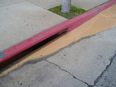 Red curb beside a cracked sidewalk with tan liquid pooling along the curb and a metal post nearby