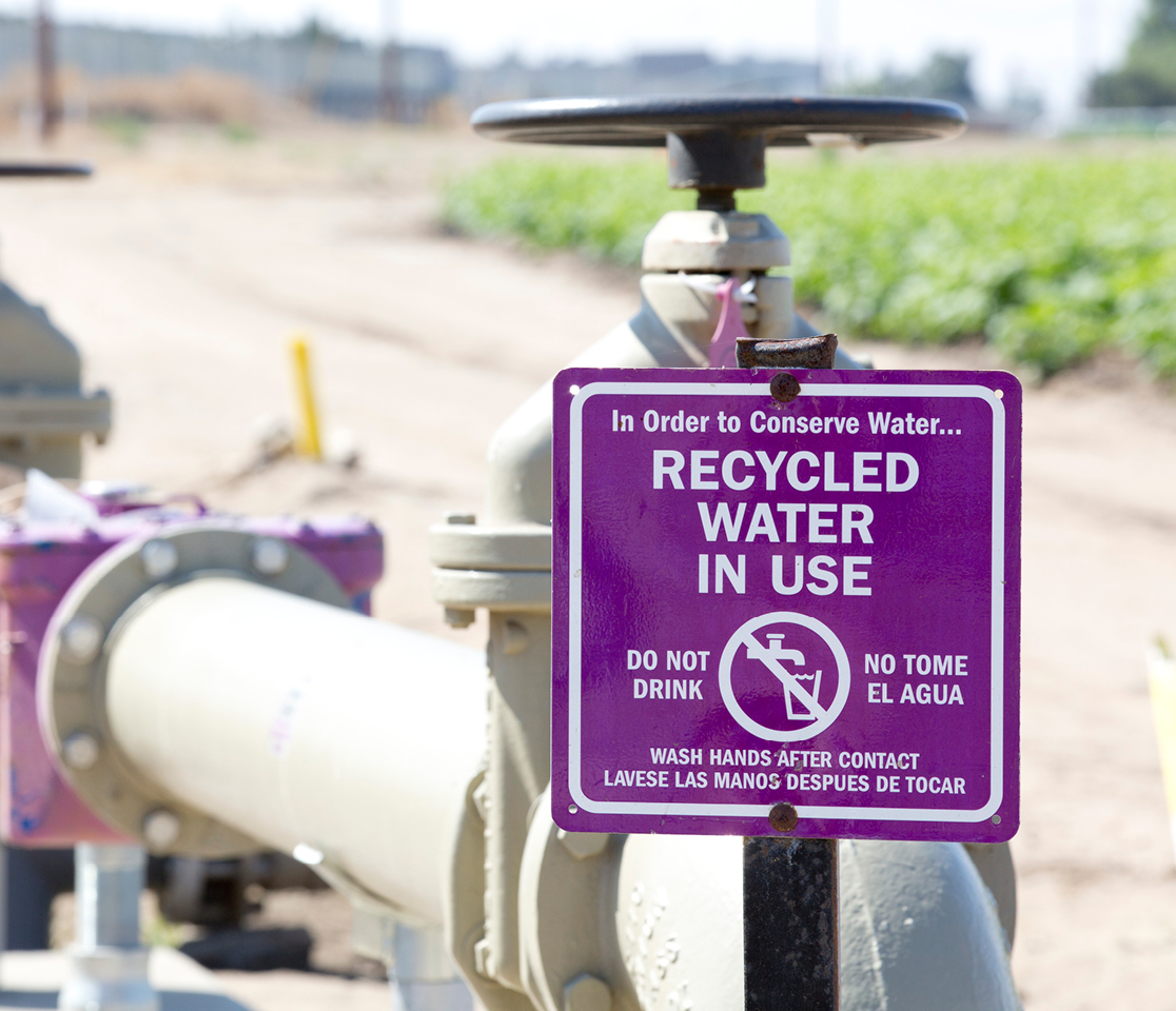 Recycled water sign on pipes